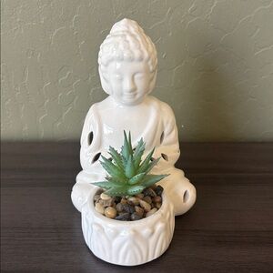 Ceramic White Sitting Buddha‎ Statue with Faux Succulent